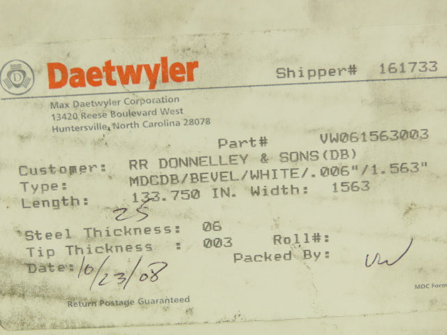 Daetwyler MDCDB Doctor Blade .006" x 1.563"W x 133.75"L Box of 25