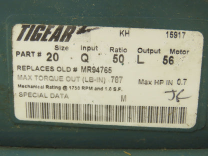 Dodge Tigear 2 MR94765 Gearbox 50:1 Reducer .7Hp 35 RPM LH 56C *Broken Flange*