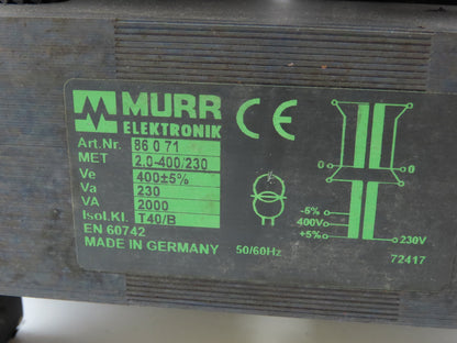 Murr Elektronik Control And Isolation Transformer 1Ph 2000VA  400VAC  230VAC