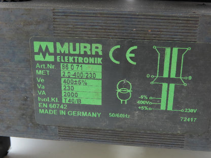Murr Elektronik Control And Isolation Transformer 1Ph 2000VA  400VAC  230VAC