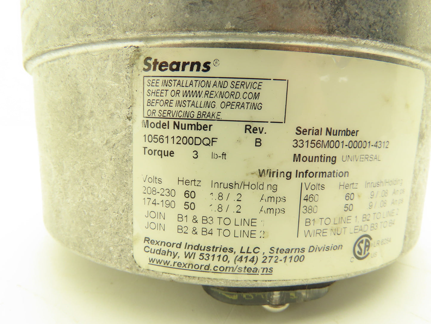 Stearns 105611200DQF Motor Brake 3 lb. ft Torque 230/460VAC
