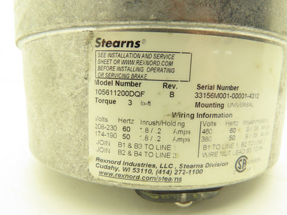 Stearns 105611200DQF Motor Brake 3 lb. ft Torque 230/460VAC