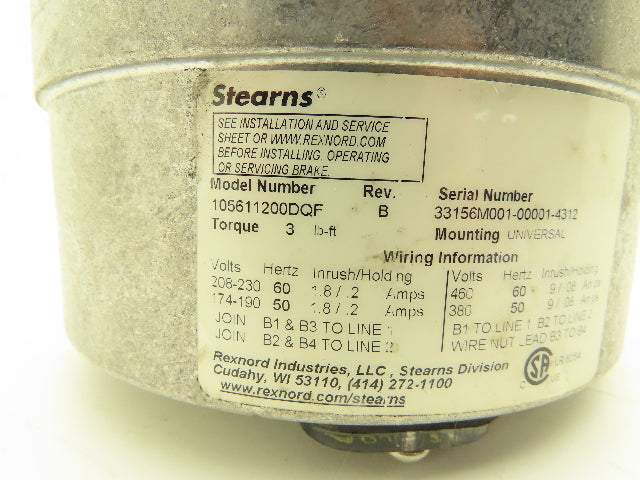 Stearns 105611200DQF Motor Brake 3 lb. ft Torque 230/460VAC