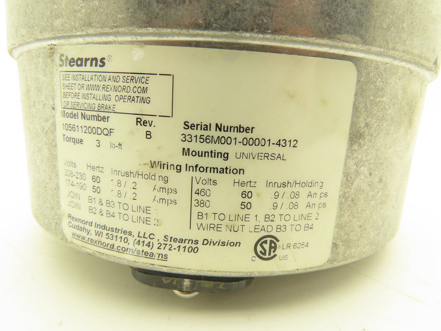 Stearns 105611200DQF Motor Brake 3 lb. ft Torque 230/460VAC