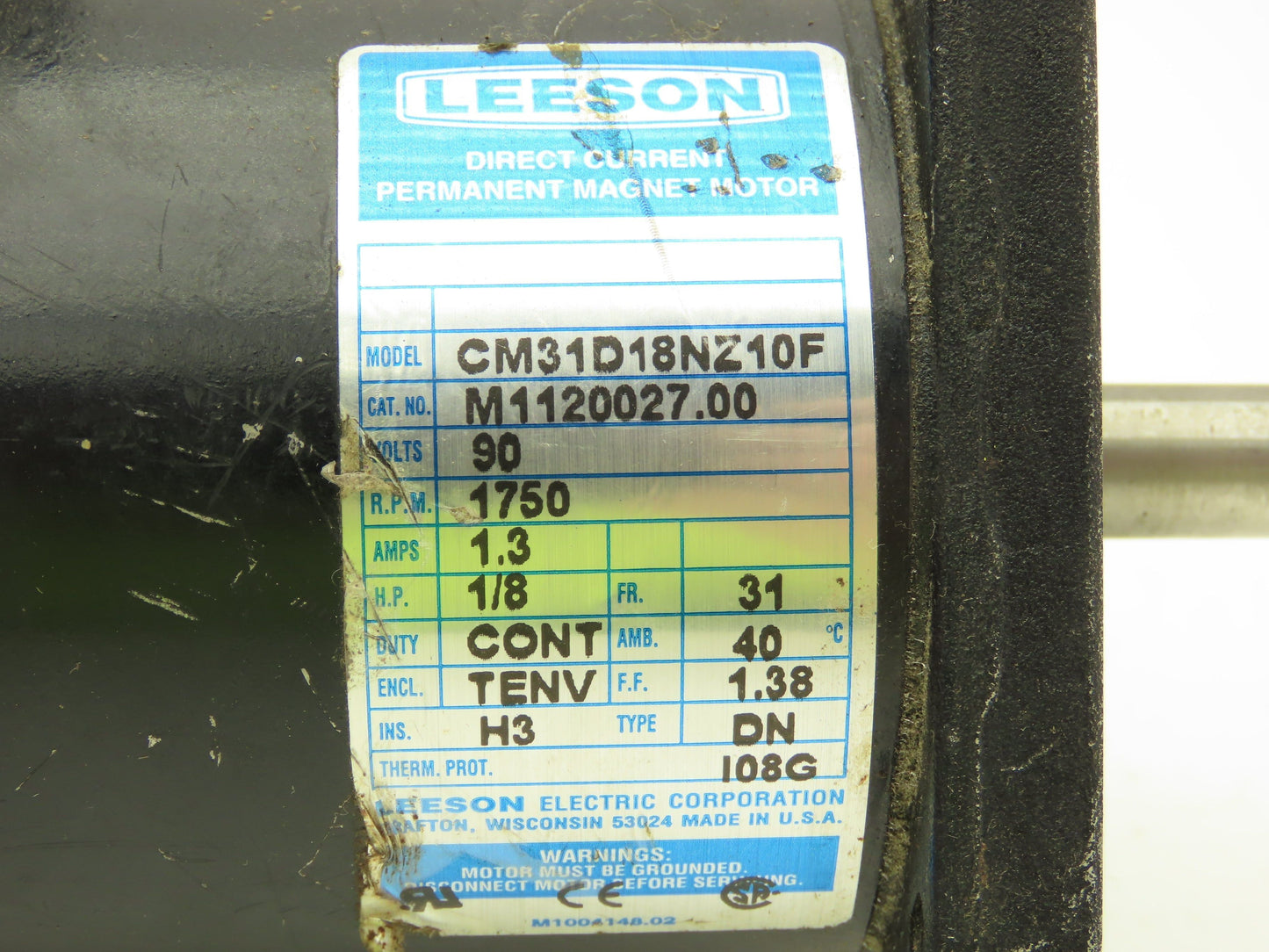 Leeson CM31D18NZ10F 90V DC Motor 1/8Hp 1.3A 1750 RPM 31 Frame TENV M1120027.00