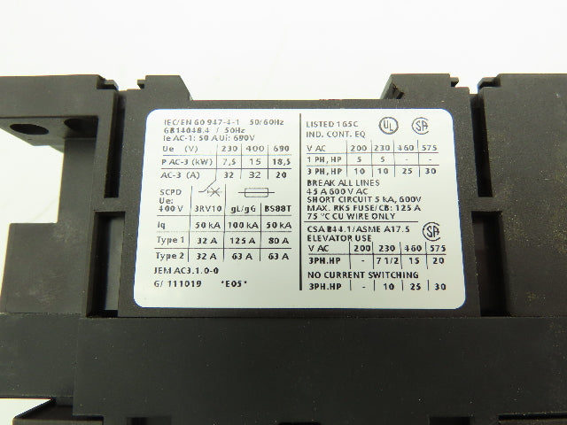 Siemens 3RT1034-1AK64 Motor Starter Contactor 600VAC 45A 18.5kW 3PH 30HP