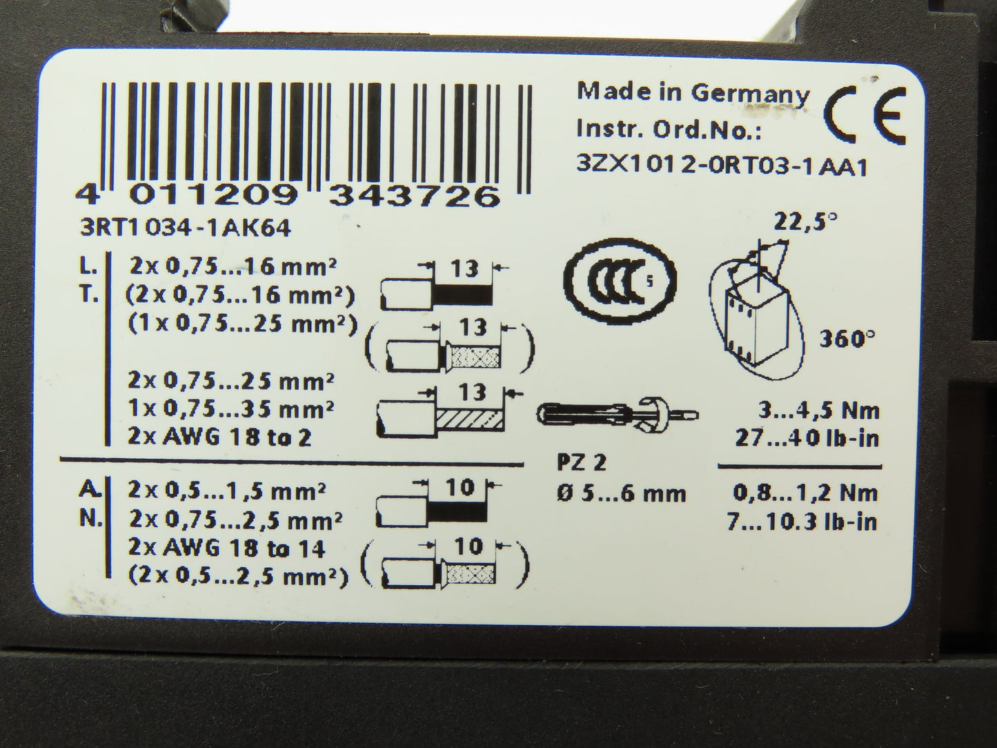 Siemens 3RT1034-1AK64 Motor Starter Contactor 600VAC 45A 18.5kW 3PH 30HP