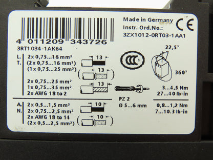 Siemens 3RT1034-1AK64 Motor Starter Contactor 600VAC 45A 18.5kW 3PH 30HP