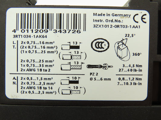 Siemens 3RT1034-1AK64 Motor Starter Contactor 600VAC 45A 18.5kW 3PH 30HP