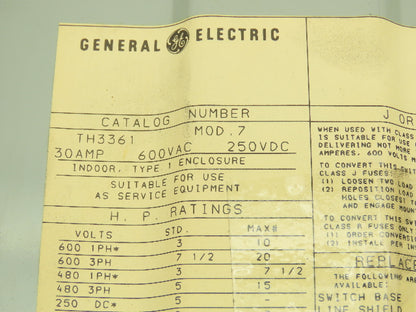 GE TH3361 Safety Switch Electrical Box 30A 600V 20HP 3PH Hubbell Pigtails