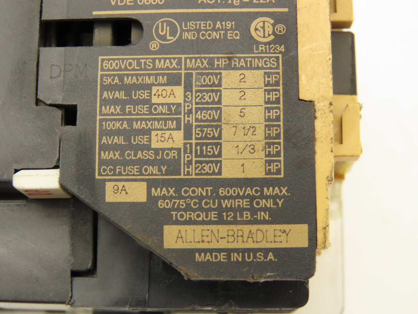 Allen Bradley Motor Starter Reversing Contactor 575V 7.5HP 40A 3 PH Set Lot of 5