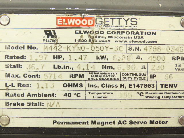 Elwood M442-KYN0-050Y-3C AC Servo Motor 4500RPM 1.97HP 3PH IP66