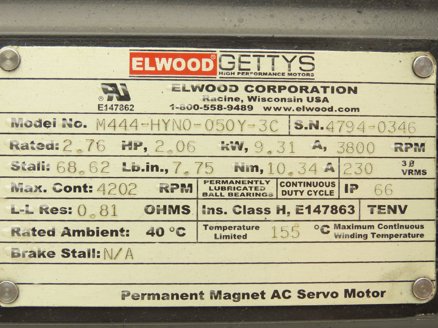 Elwood M444-HYN0-050Y-3C AC Servo Motor 3800RPM 2.76HP 3PH Crushed Connector