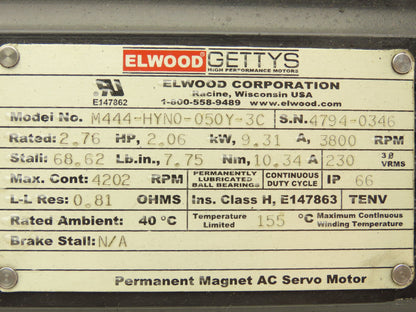 Elwood M444-HYN0-050Y-3C AC Servo Motor 3800RPM 2.76HP 3PH Crushed Connector