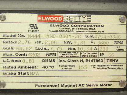 Elwood M444-HYN0-050Y-3C AC Servo Motor 3800RPM 2.76HP 3PH Crushed Connector