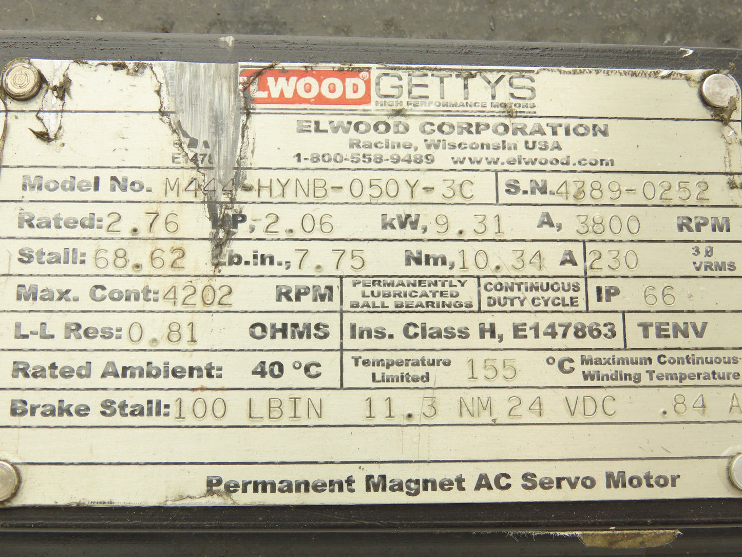 Elwood M444-HYNB-050Y-3C AC Servo Motor 3800RPM 2.76HP 3PH IP66