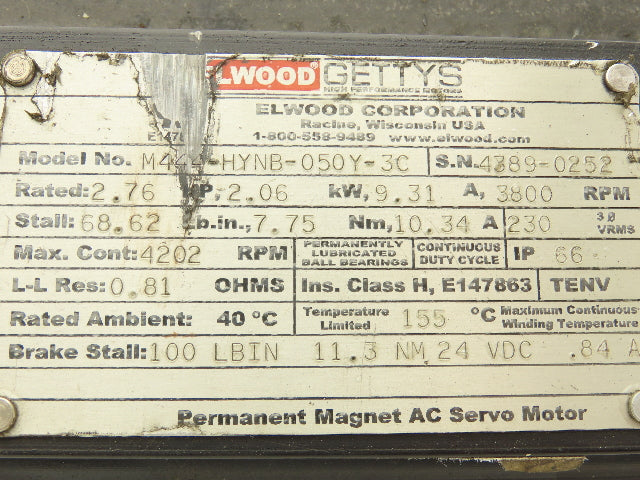 Elwood M444-HYNB-050Y-3C AC Servo Motor 3800RPM 2.76HP 3PH IP66