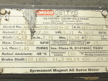 Elwood M444-HYNB-050Y-3C AC Servo Motor 3800RPM 2.76HP 3PH IP66
