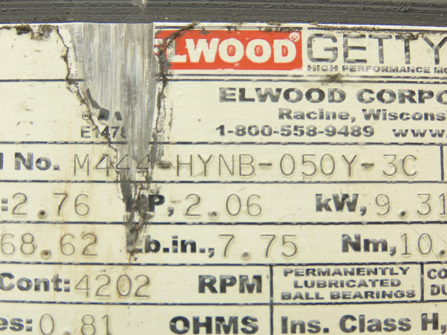 Elwood M444-HYNB-050Y-3C AC Servo Motor 3800RPM 2.76HP 3PH IP66