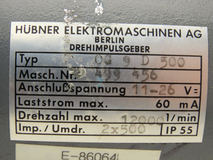 Hubner OG 9 D 500 Digital Tacho Incremental Encoder 12/24VDC 12k RPM 2x500