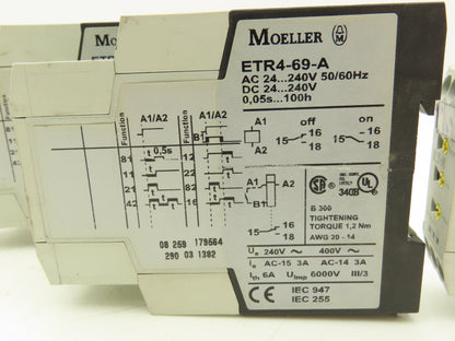 Eaton Moeller ETR4-69-A Timing Relay 24-240V AC/DC 0.05 Sec-100 Hrs Lot of 4