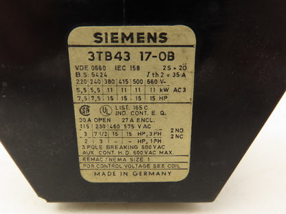 Siemens 3TB43 17-0B Contactor 600VAC 30A 11kW 3PH 15HP 24VDC Coil