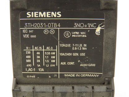 Siemens 3TH2031-0TB4 Contactor 3NO+1NC 600VAC 1.5kW