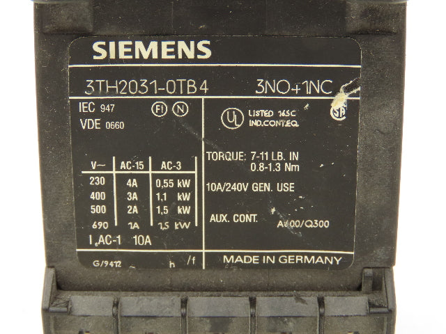 Siemens 3TH2031-0TB4 Contactor 3NO+1NC 600VAC 1.5kW