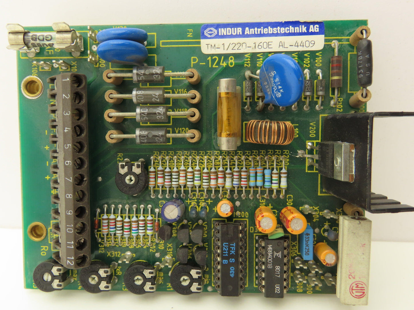 INDUR TM-1/220-160E AL-4409 Printed Circuit Board 12-Pin Terminal Good Fuse