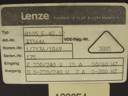 Lenze 8105 E.4G.12 8100 Inverter Drive 240VAC 7A 0-200Hz Output