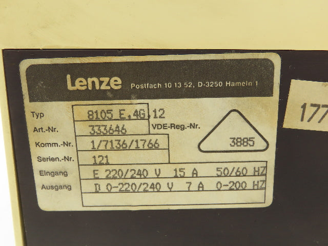 Lenze 8105 E.4G.12 8100 Inverter Drive 240VAC 7A 0-200Hz Output