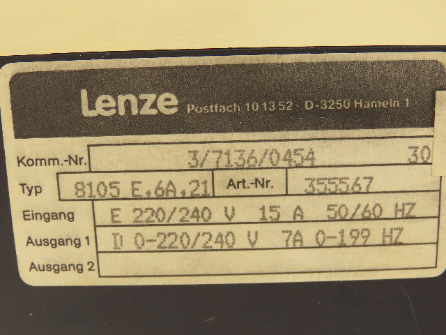 Lenze 8105 E.6A.21 8100 Inverter Drive 240VAC 7A 0-199Hz Output