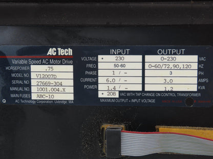 AC Tech V12007D VFD Variable Speed AC Motor Drive .75Hp 230V 1PH Input 3PH Out