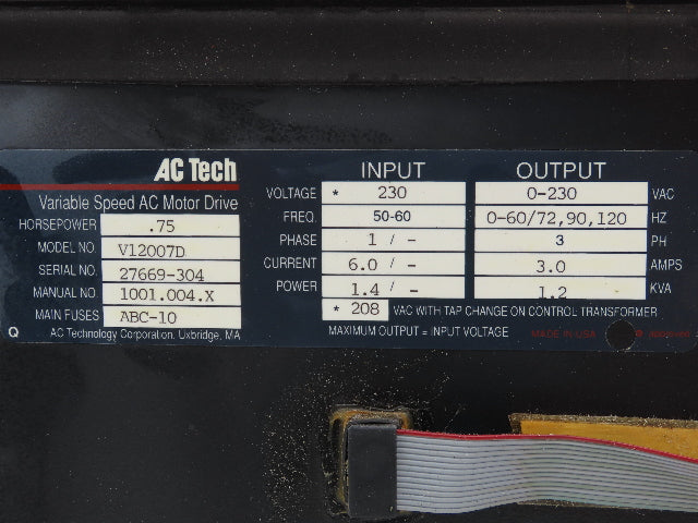 AC Tech V12007D VFD Variable Speed AC Motor Drive .75Hp 230V 1PH Input 3PH Out