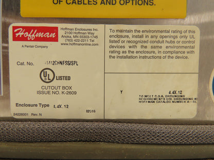 Hoffman A-1412CHNFSS/SPL Stainless Enclosure 14x12x6" Junction Box w/Backplate