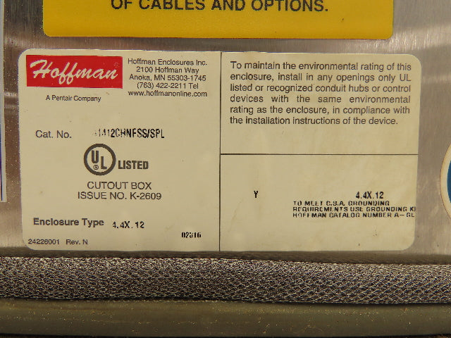 Hoffman A-1412CHNFSS/SPL Stainless Enclosure 14x12x6" Junction Box w/Backplate