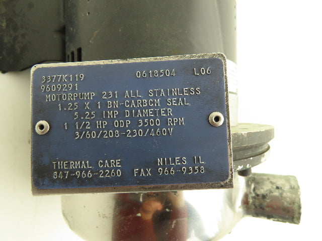 Scot 231 Stainless Centrifugal Pump 1.25 x 1" NPT 1.5Hp 3500 RPM 460V 3PH