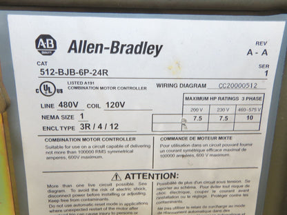 Allen Bradley Size 1 Fusible Combination Motor Starter 10Hp 600V 3PH