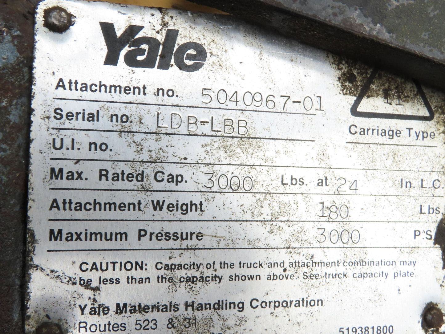 Yale Forklift Class 2 SideShift Attachment 16" x 39" Wide 3000lbs