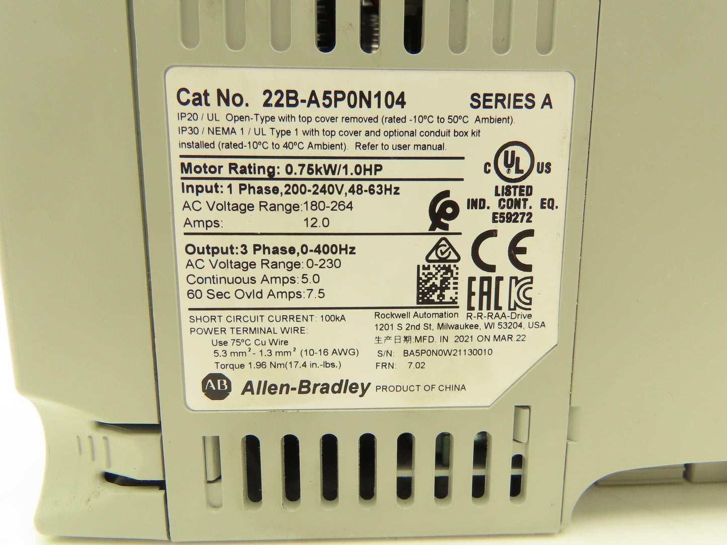 Allen Bradley 22B-A5P0N104 PowerFlex 40 Variable AC Drive VFD 1Hp 240V 1PH Input