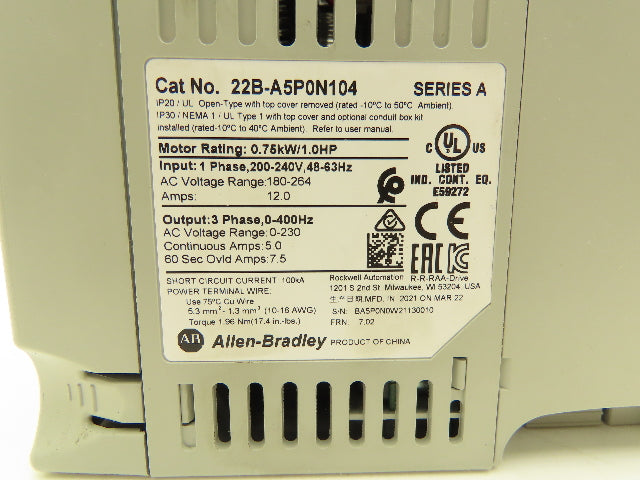 Allen Bradley 22B-A5P0N104 PowerFlex 40 Variable AC Drive VFD 1Hp 240V 1PH Input