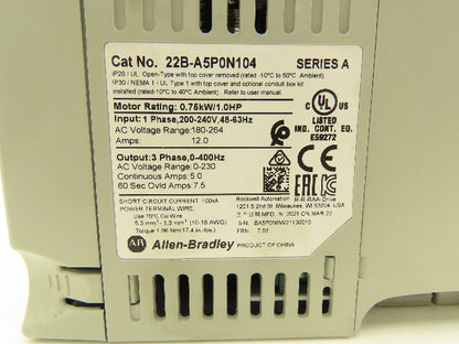 Allen Bradley 22B-A5P0N104 PowerFlex 40 Variable AC Drive VFD 1Hp 240V 1PH Input