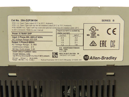 Allen Bradley 25A-D2P3N104 PowerFlex 523 Variable AC Drive VFD 1Hp 480V 3PH
