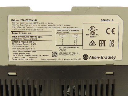 Allen Bradley 25A-D2P3N104 PowerFlex 523 Variable AC Drive VFD 1Hp 480V 3PH