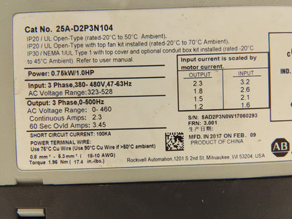 Allen Bradley 25A-D2P3N104 PowerFlex 523 Variable AC Drive VFD 1Hp 480V 3PH