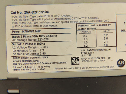 Allen Bradley 25A-D2P3N104 PowerFlex 523 Variable AC Drive VFD 1Hp 480V 3PH