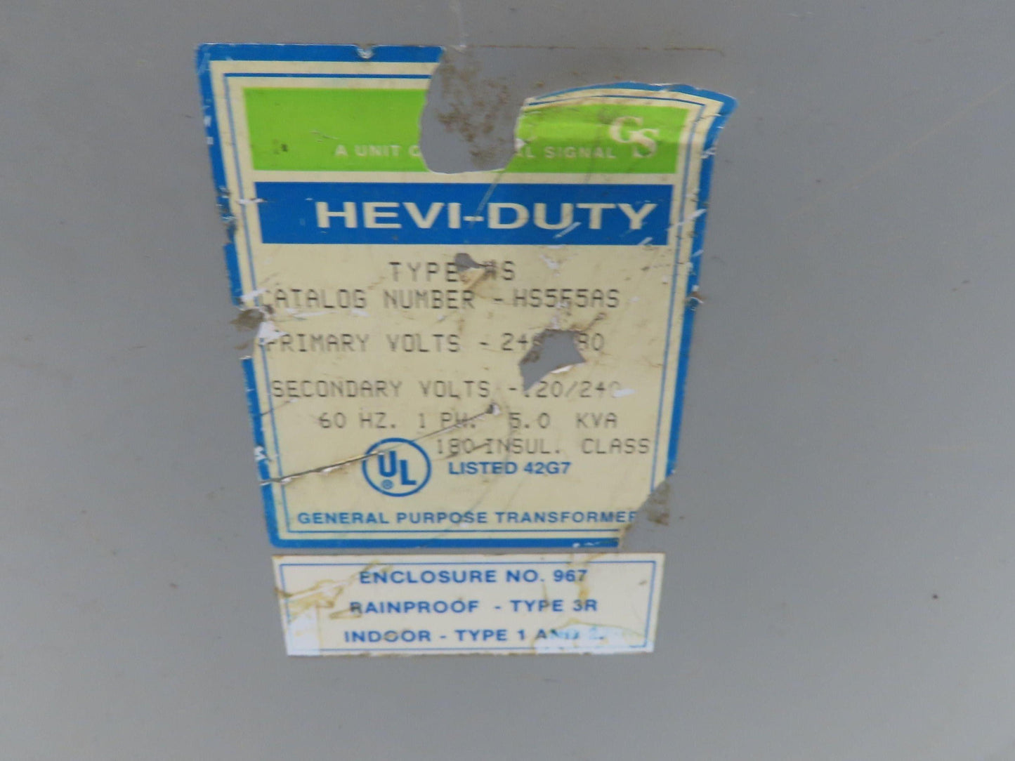 Hevi-Duty HS5F5AS Wall Mount Transformer 5KVA HV 240x480V LV 120/240V 1PH 3R