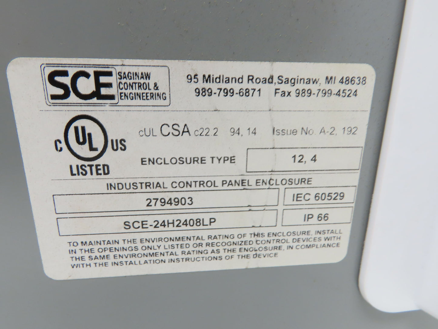 SCE SCE-24H2408LP Electrical Enclosure Junction Box 24x24x8" Type 12 Gray