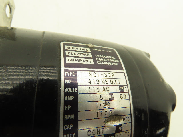 Bodine NCI-33R Gearmotor 1/20Hp 115V 1PH 170 RPM 10:1 Reducer Foot Mount