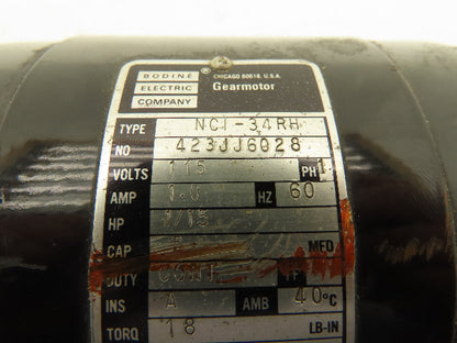 Bodine NCI-34RH Gearmotor 1/15Hp 115V 1PH 170 RPM 10:1 Reducer Foot Mount